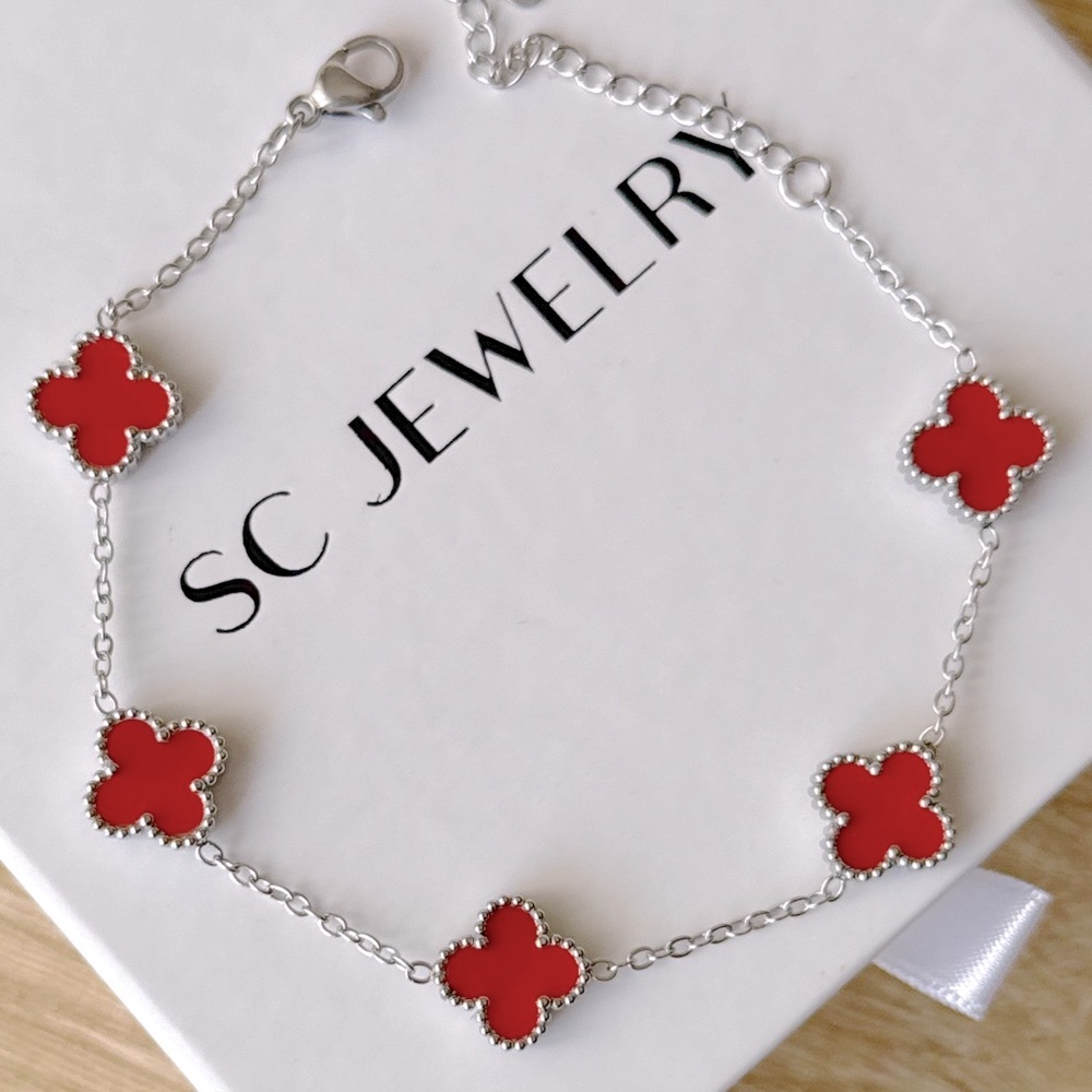 XS Clover Bracelet Dark Red Stainless Steel Silver Tone Chain